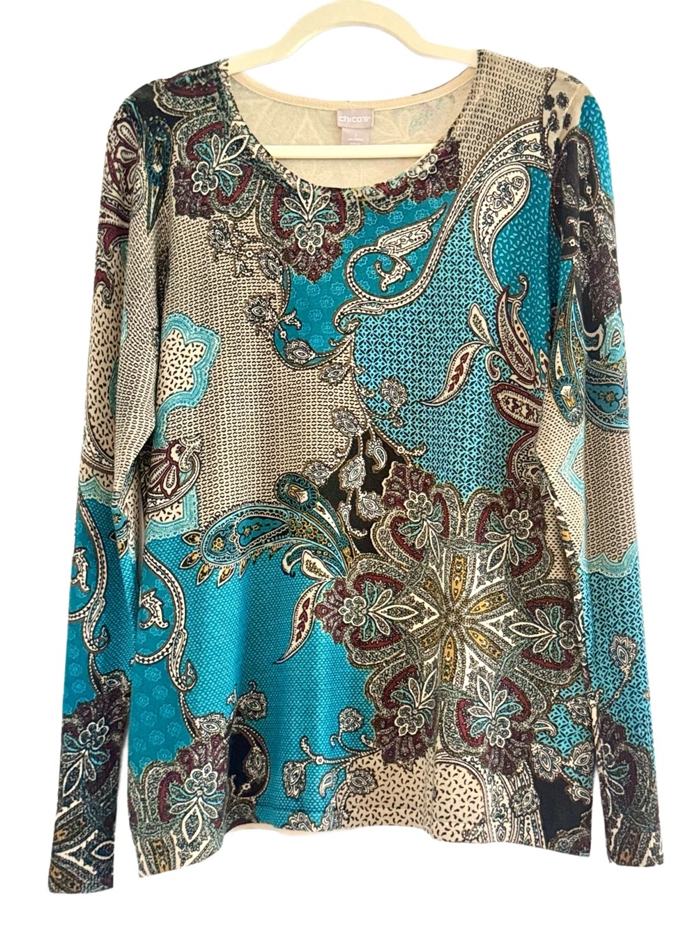 Chico's Turquoise & Tan Paisley Long-Sleeve Scoop Neck Sweater Top